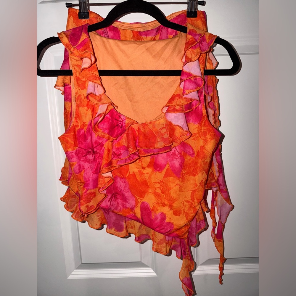 Floral Ruffle Orange and Pink Women's Top and skirt two piece set
